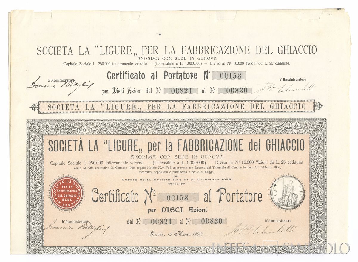 Ligure per la Fabbricazione del Ghiaccio SA, certificati azionari al portatore - recto a