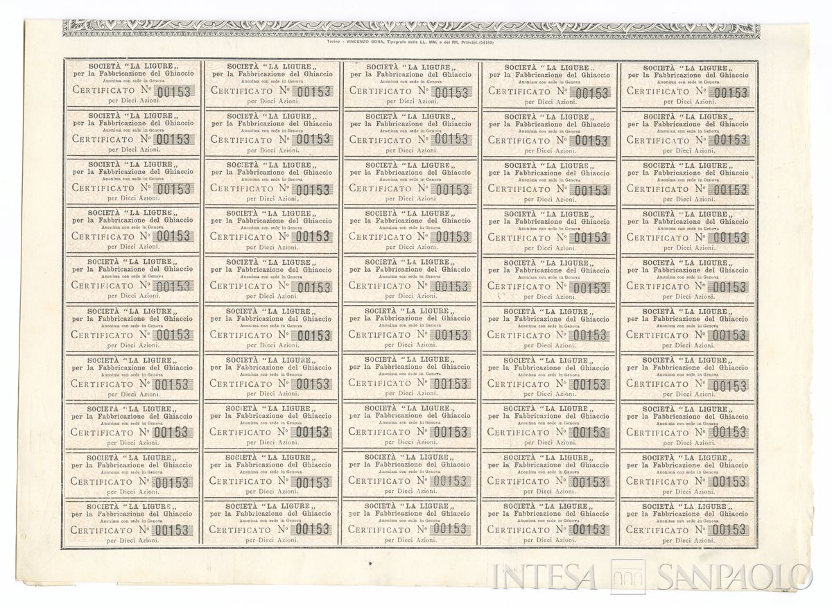Ligure per la Fabbricazione del Ghiaccio SA, certificati azionari al portatore - recto a