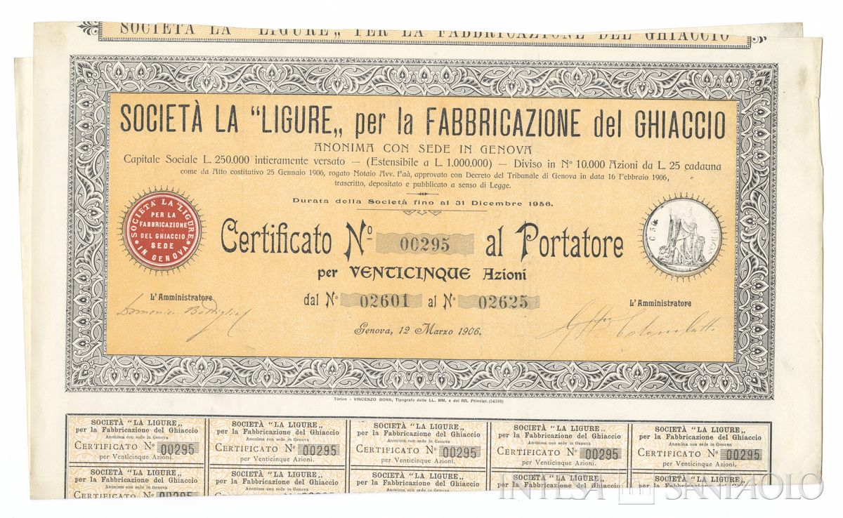 Ligure per la Fabbricazione del Ghiaccio SA, certificati azionari al portatore - recto b