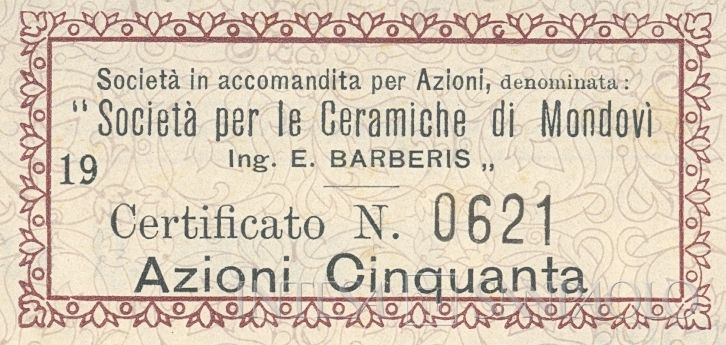 Ceramiche di Mondovì - Ing. E. Barberis Società in Accomandita per azioni, certificato azionario al portatore - dettaglio