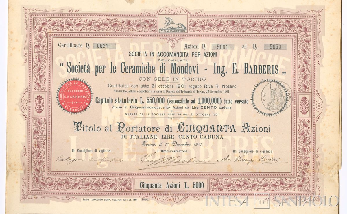 Ceramiche di Mondovì - Ing. E. Barberis Società in Accomandita per azioni, certificato azionario al portatore - recto, dettaglio