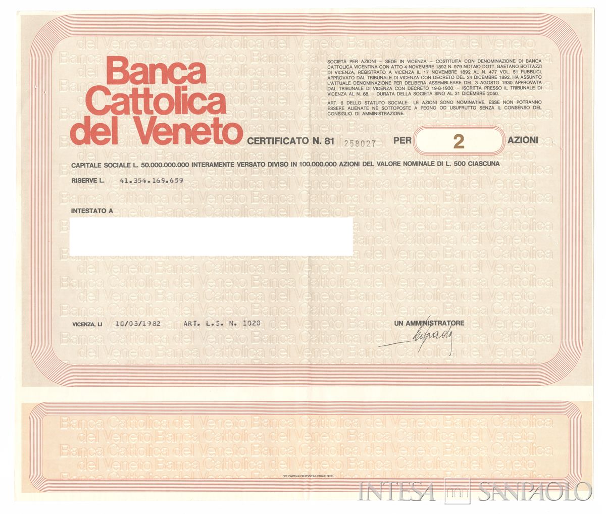 Banca Cattolica del Veneto SpA, certificato azionario nominativo - recto