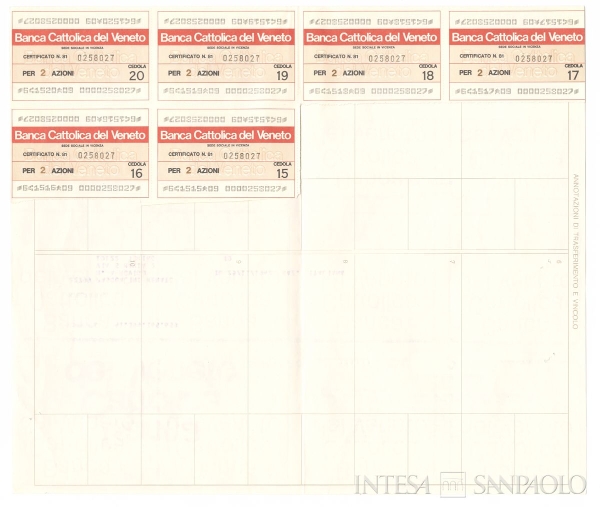 Banca Cattolica del Veneto SpA, certificato azionario nominativo - verso