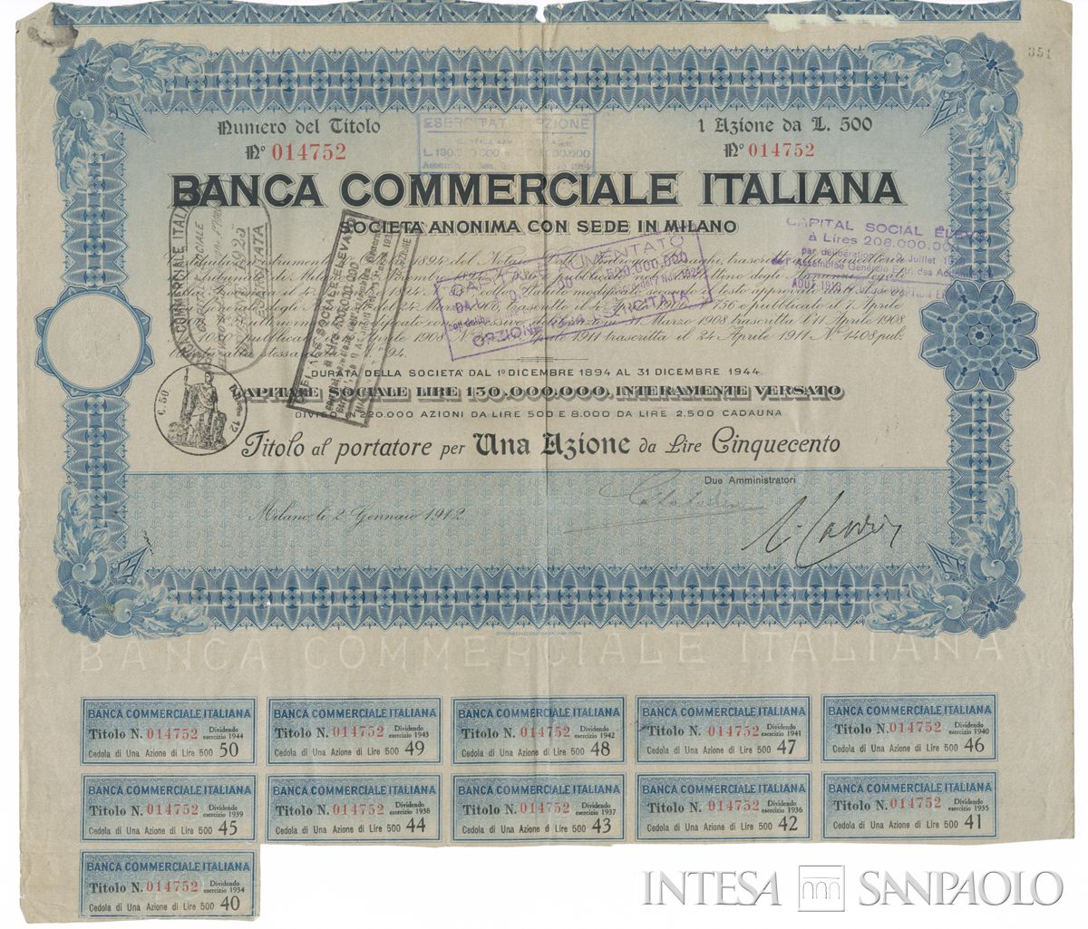 Banca Commerciale Italiana, certificato azionario al portatore - recto