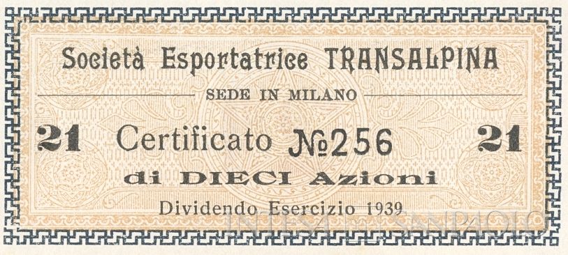 Esportatrice Transalpina SA, certificati azionari al portatore - dettaglio