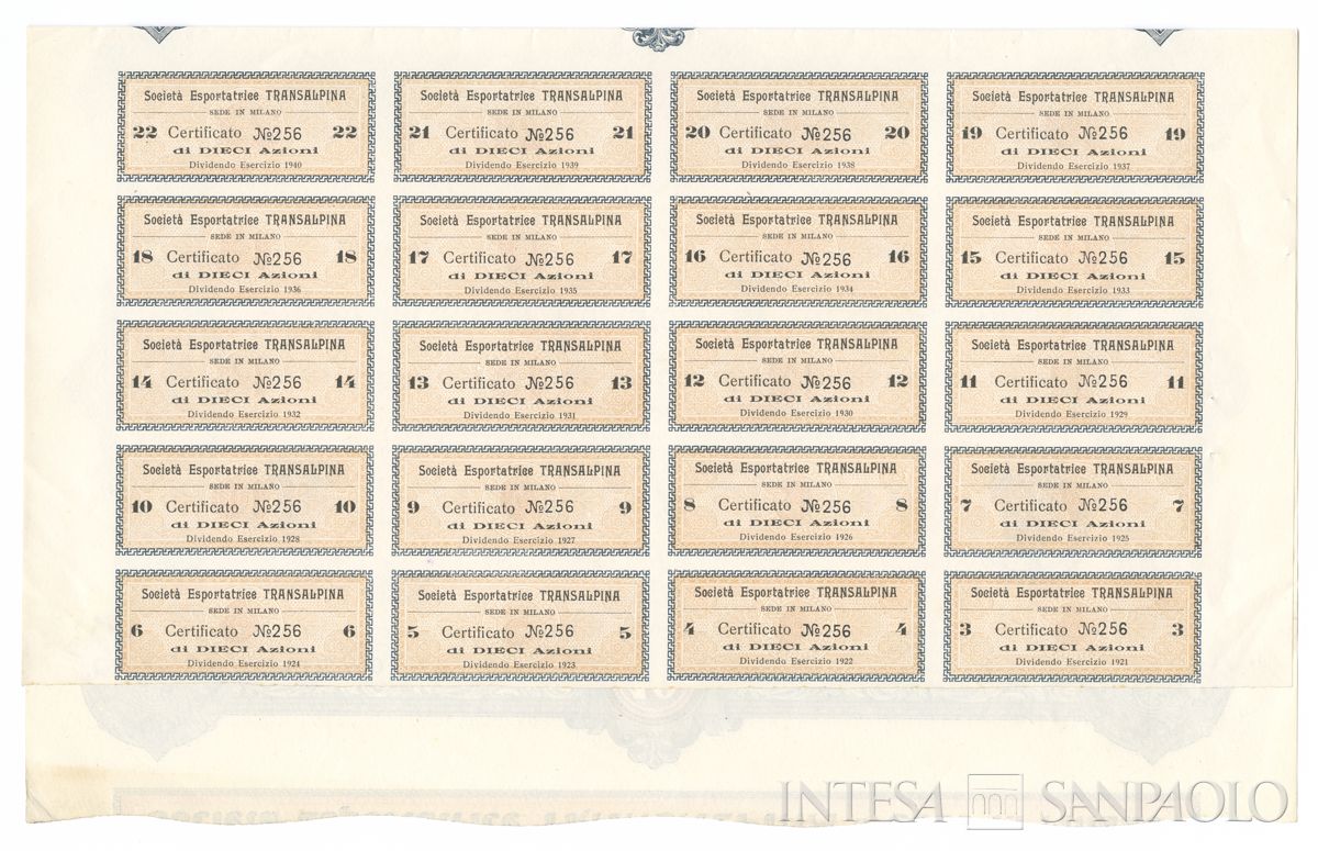 Esportatrice Transalpina SA, certificati azionari al portatore - recto a