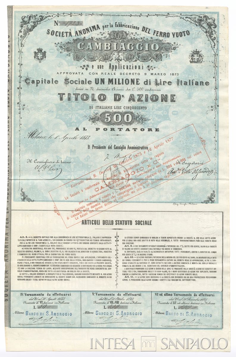Cambiaggio per la fabbricazione del ferro vuoto e sue applicazioni SA, certificato azionario al portatore - recto