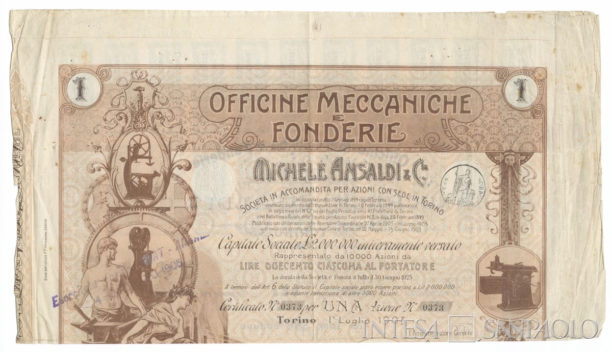 Officine Meccaniche e Fonderie Michele Ansaldi & C.ia, certificato azionario al portatore - recto