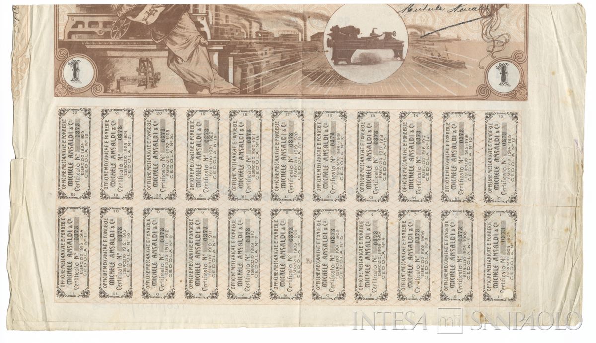 Officine Meccaniche e Fonderie Michele Ansaldi & C.ia, certificato azionario al portatore - recto
