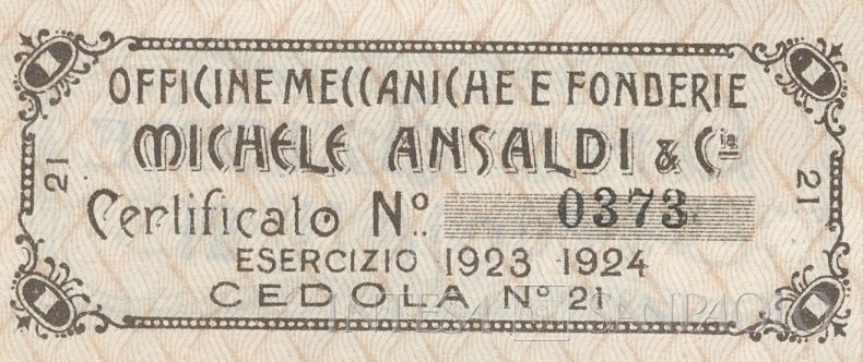 Officine Meccaniche e Fonderie Michele Ansaldi & C.ia, certificato azionario al portatore - dettaglio