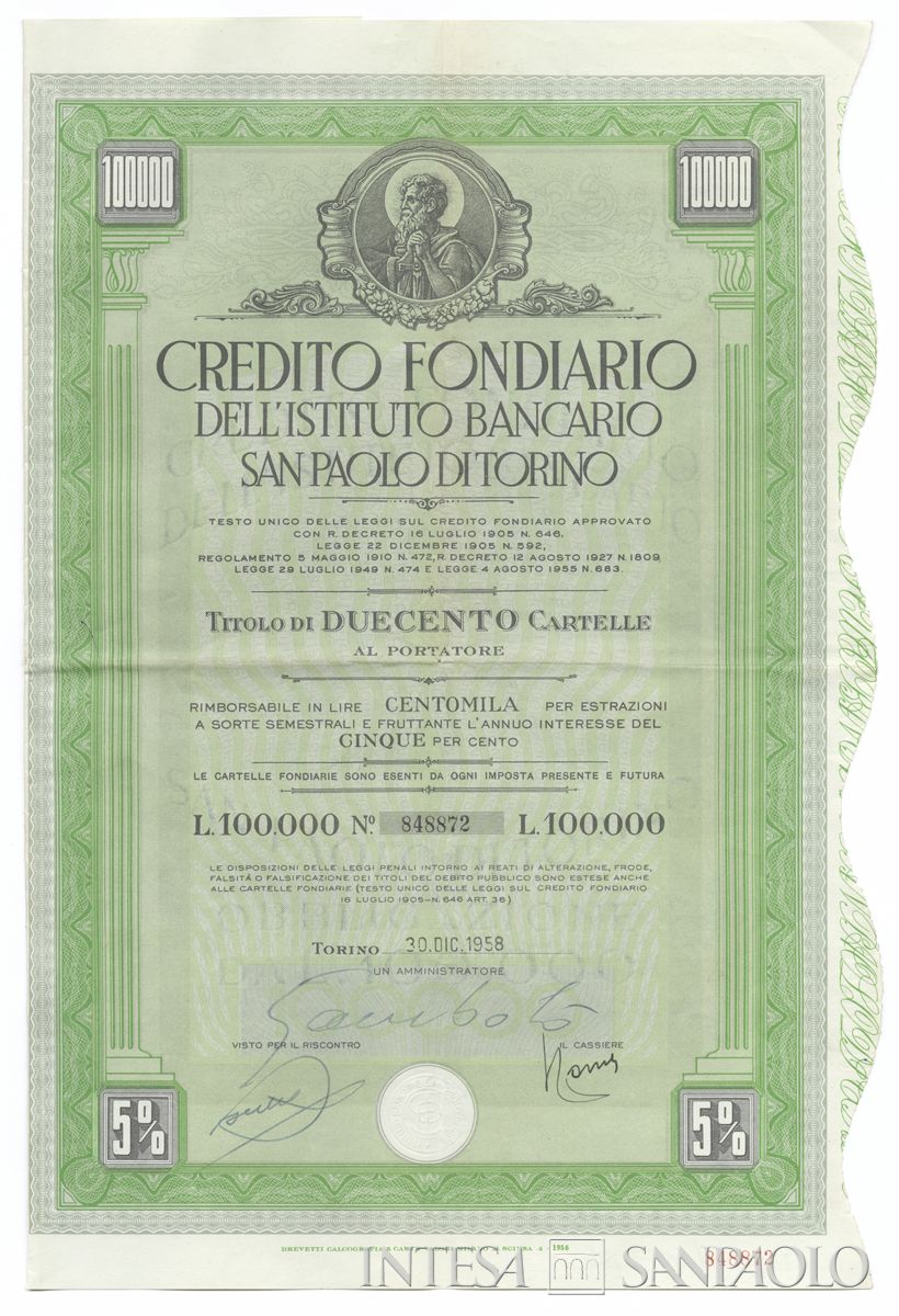 Istituto Bancario San Paolo di Torino - Credito Fondiario, cartella fondiaria al portatore - recto