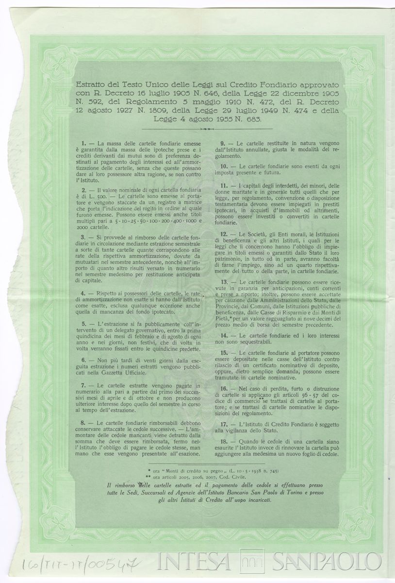 Istituto Bancario San Paolo di Torino - Credito Fondiario, cartella fondiaria al portatore - verso