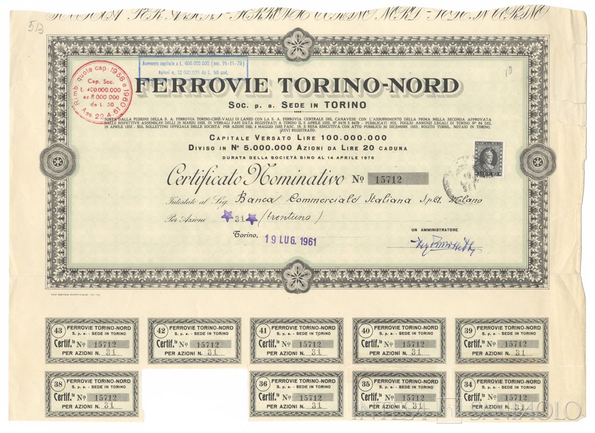 Ferrovie Torino-Nord SpA, certificati azionari nominativi - recto c