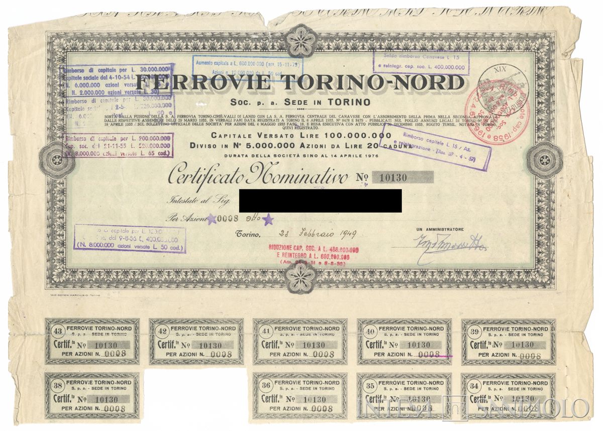 Ferrovie Torino-Nord SpA, certificati azionari nominativi - recto a