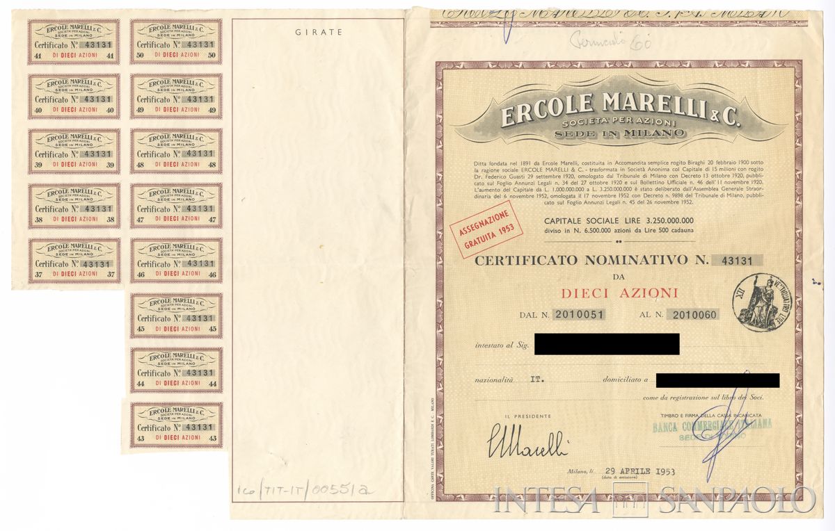Ercole Marelli & C. SpA, certificati azionari nominativi - recto a