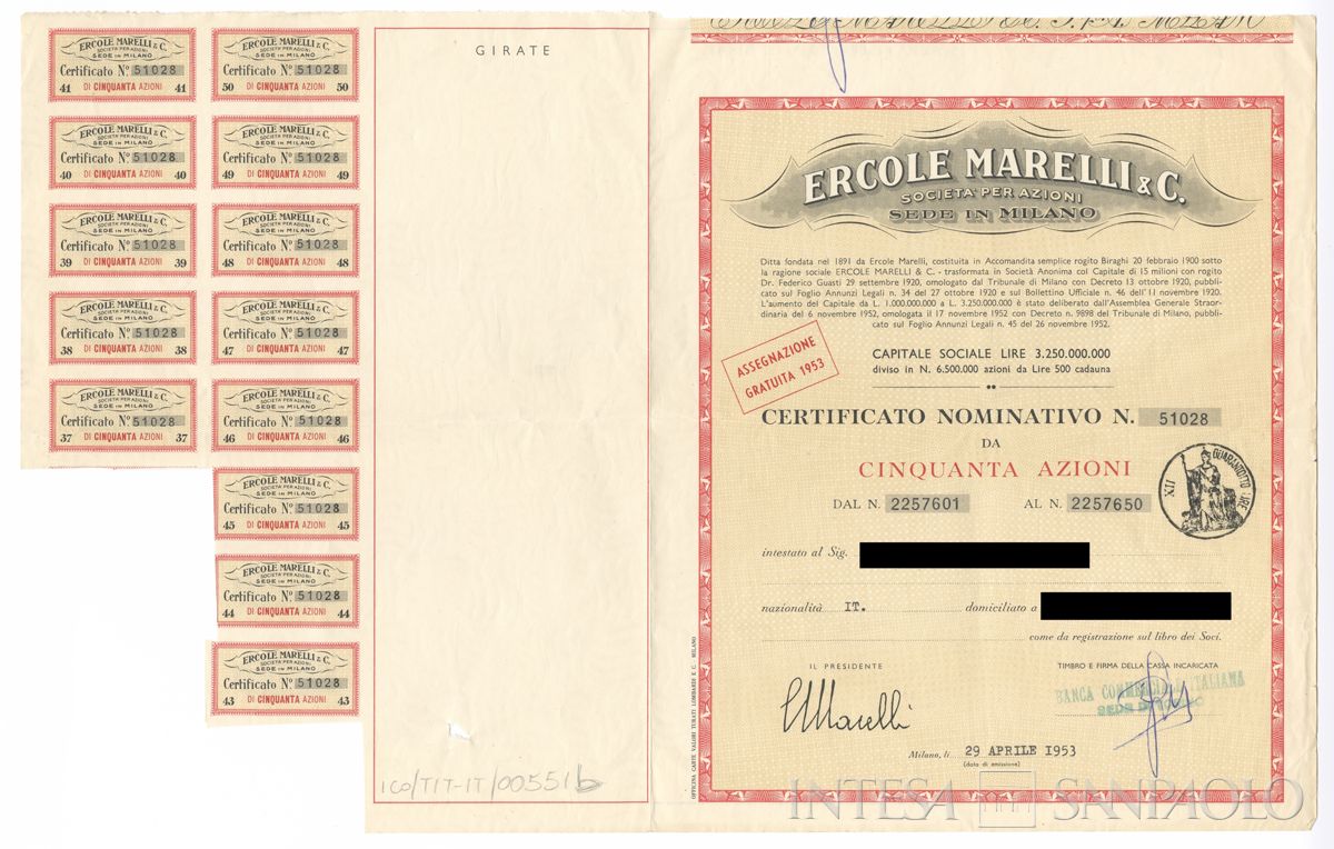 Ercole Marelli & C. SpA, certificati azionari nominativi - recto b