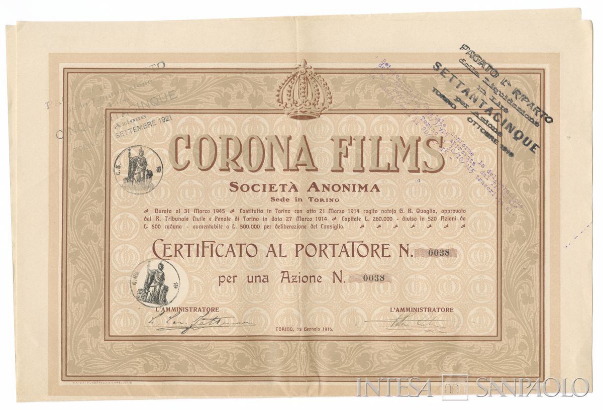 Corona Films SA, certificato azionario al portatore - recto