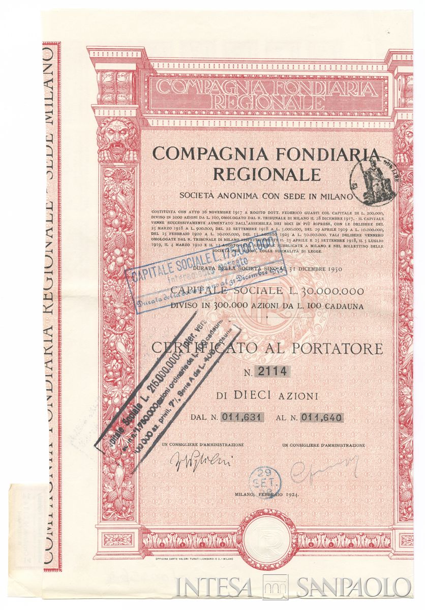 Compagnia Fondiaria Regionale SA, certificati azionari al portatore - recto a