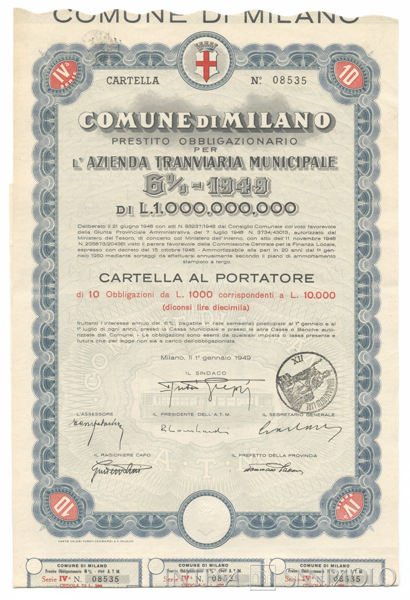 Comune di Milano - ATM, cartella di obbligazioni al portatore - recto