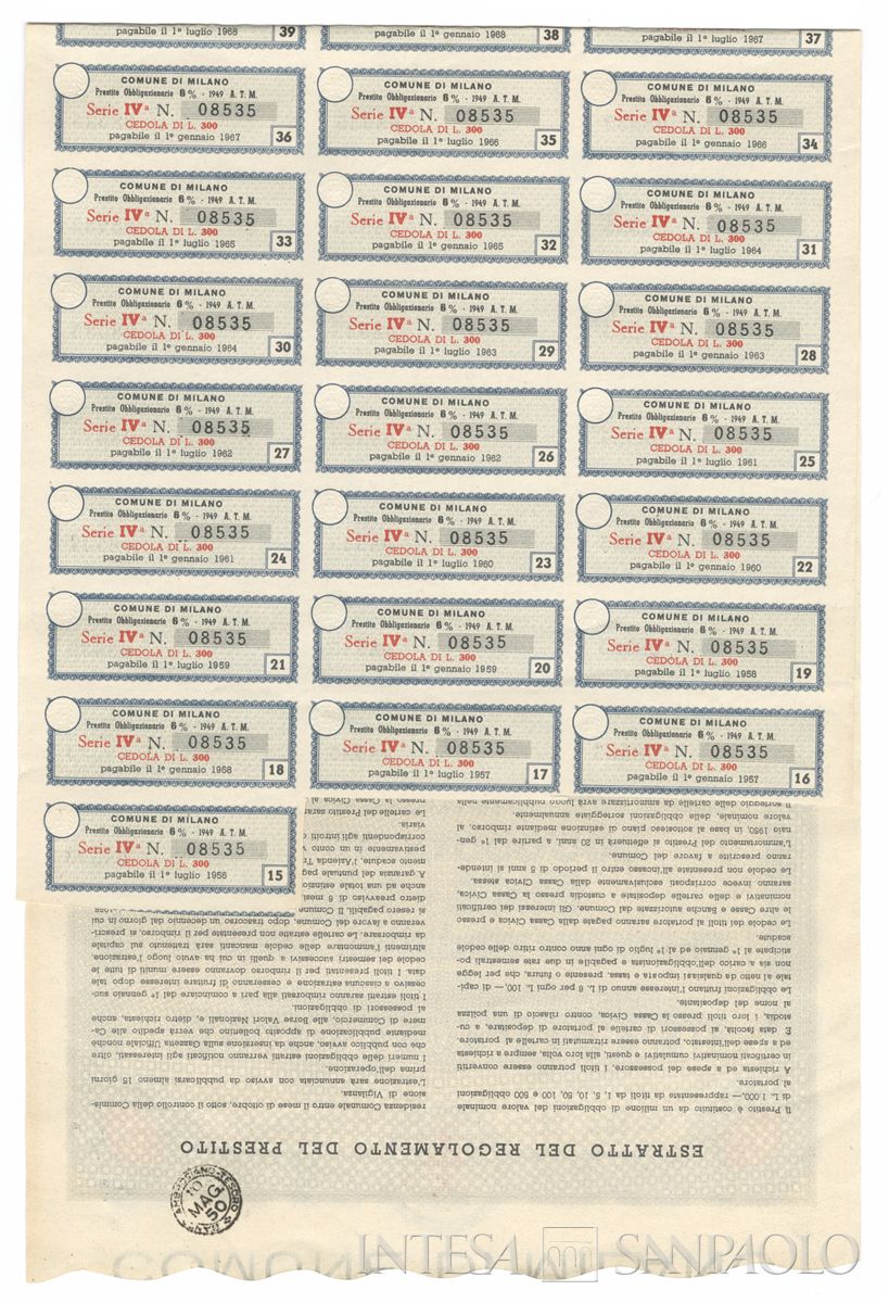 Comune di Milano - ATM, cartella di obbligazioni al portatore - recto