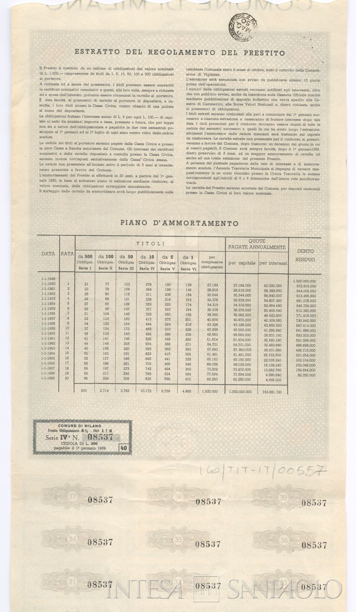 Comune di Milano - ATM, cartella di obbligazioni al portatore - verso