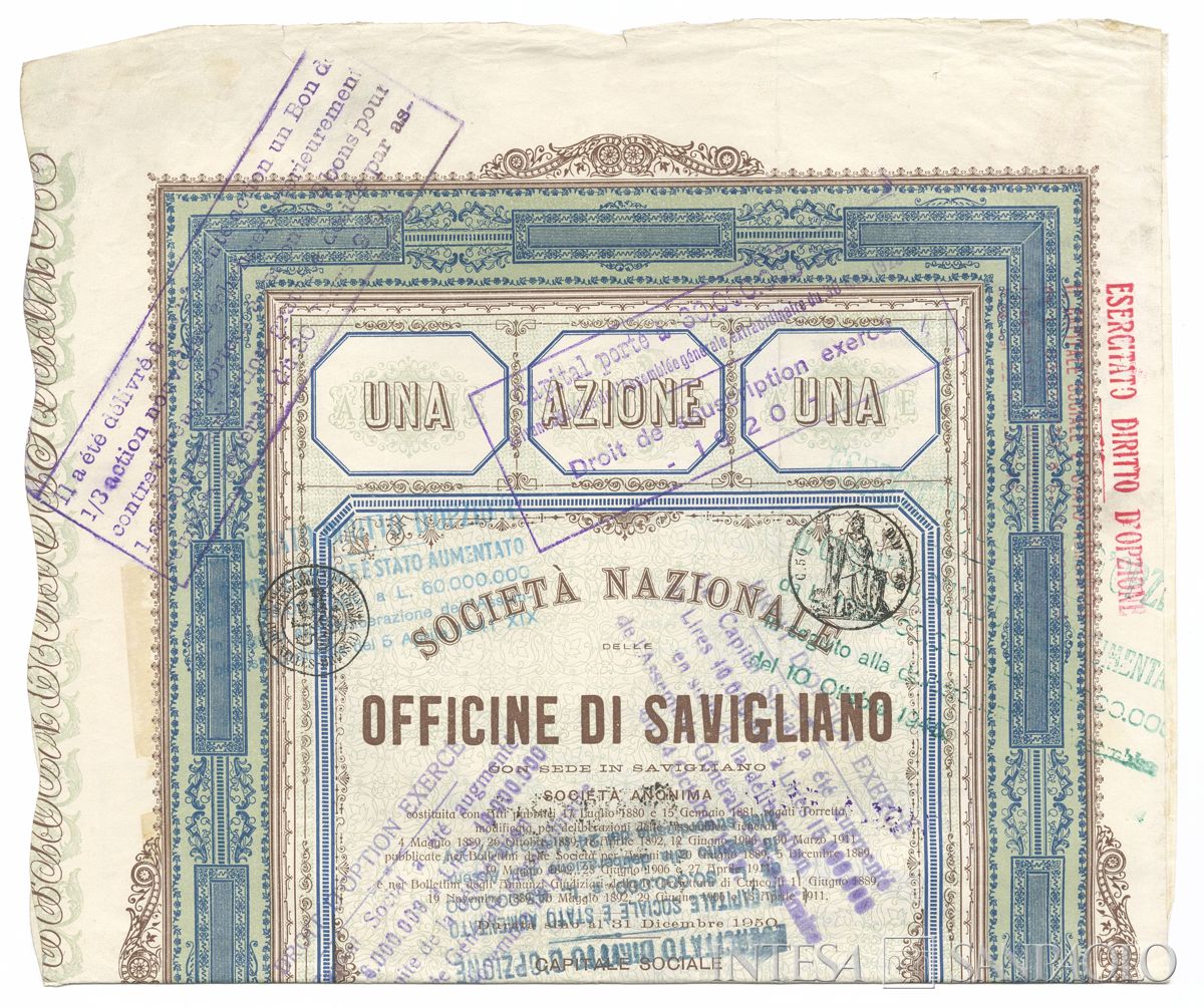 Officine di Savigliano Società Nazionale SA, certificato azionario al portatore - recto