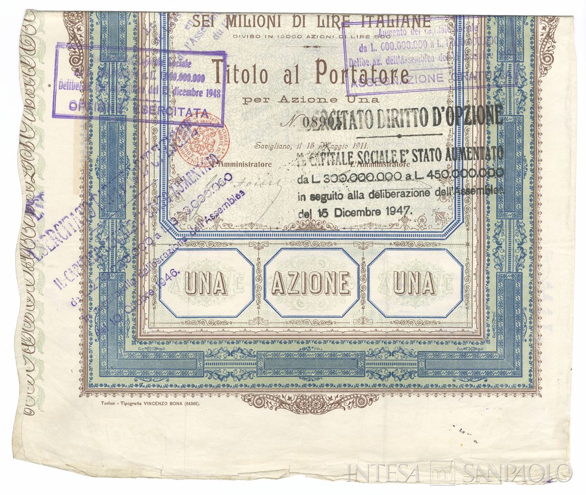 Officine di Savigliano Società Nazionale SA, certificato azionario al portatore - recto