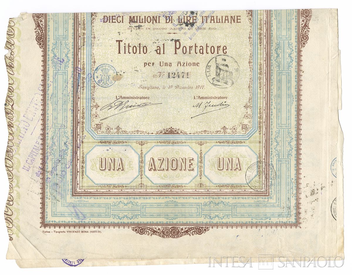 Officine di Savigliano Società Nazionale SA, certificati azionari al portatore - recto a