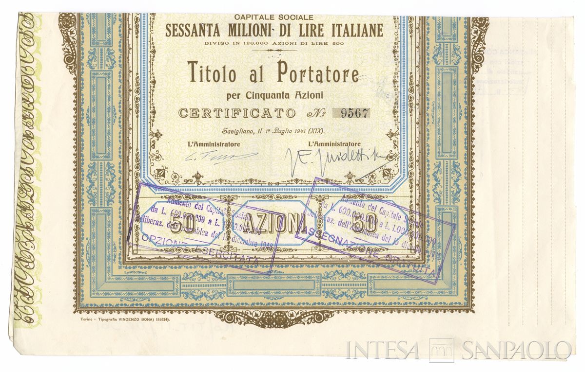 Officine di Savigliano Società Nazionale SA, certificato azionario al portatore - recto
