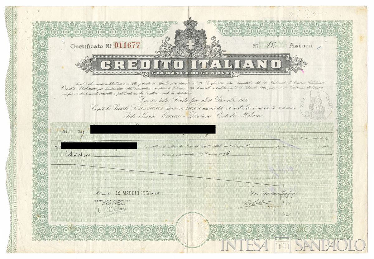 Credito Italiano (già Banca di Genova) SA,  certificato azionario nominativo - recto