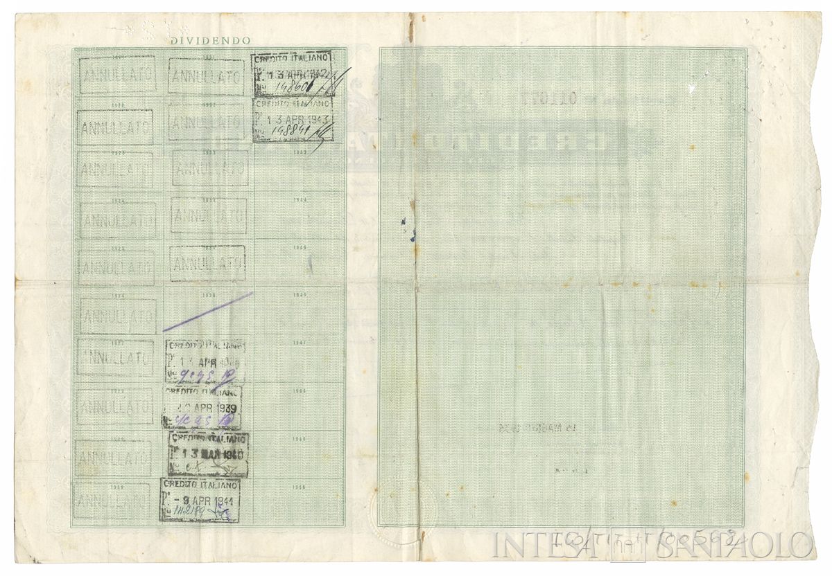Credito Italiano (già Banca di Genova) SA,  certificato azionario nominativo - verso