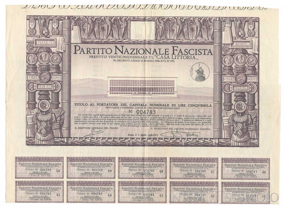 Partito Nazionale Fascista, certificato obbligazionario al portatore del prestito venticinquennale 5% "CASA LITTORIA" - recto