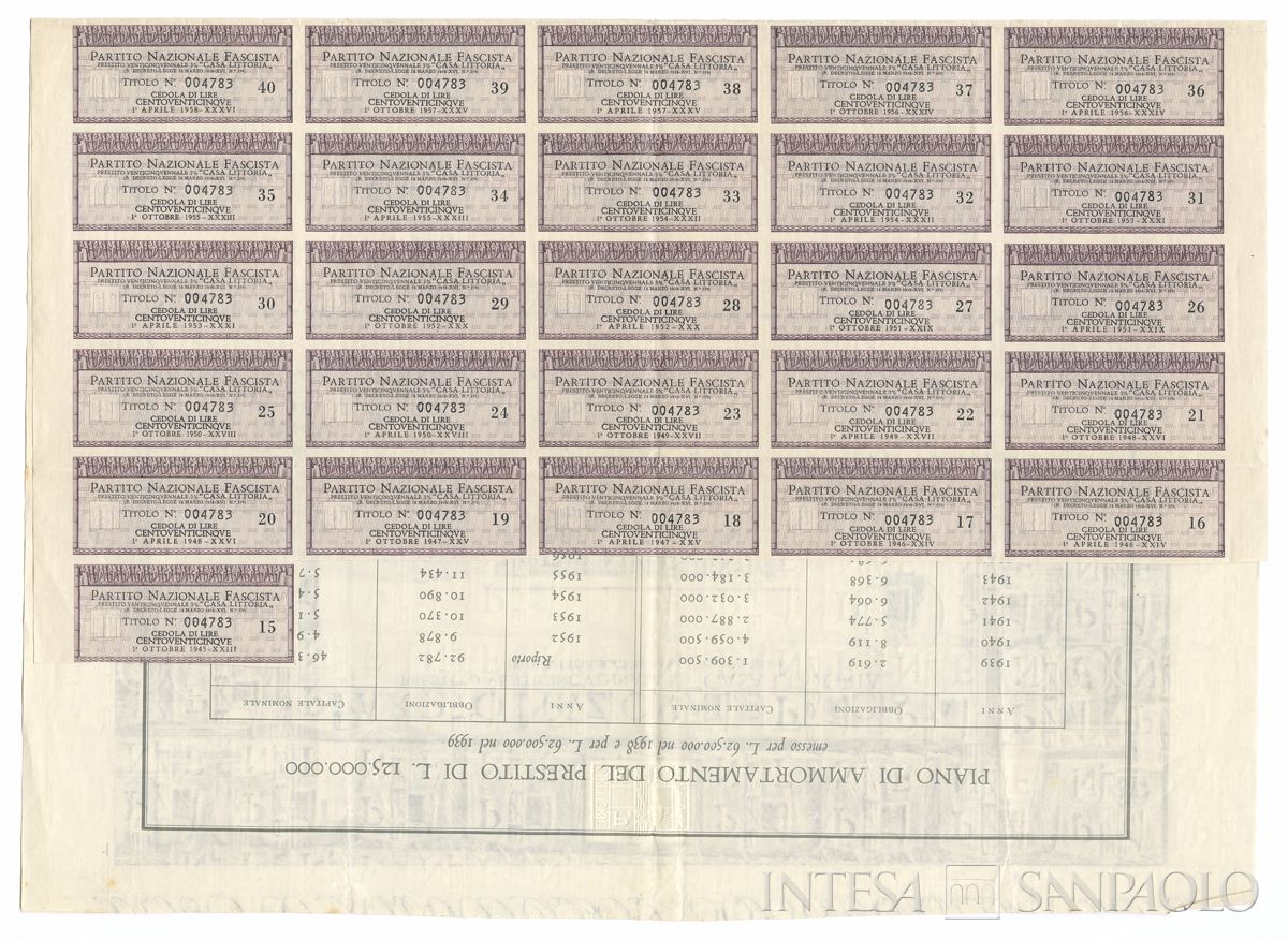 Partito Nazionale Fascista, certificato obbligazionario al portatore del prestito venticinquennale 5% "CASA LITTORIA" - recto