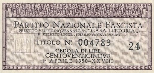 Partito Nazionale Fascista, certificato obbligazionario al portatore del prestito venticinquennale 5% "CASA LITTORIA" - dettaglio