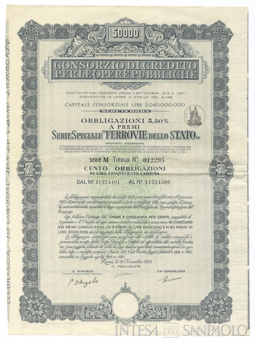 Consorzio di Credito per le Opere Pubbliche, certificati obbligazionari a premi al portatore - recto