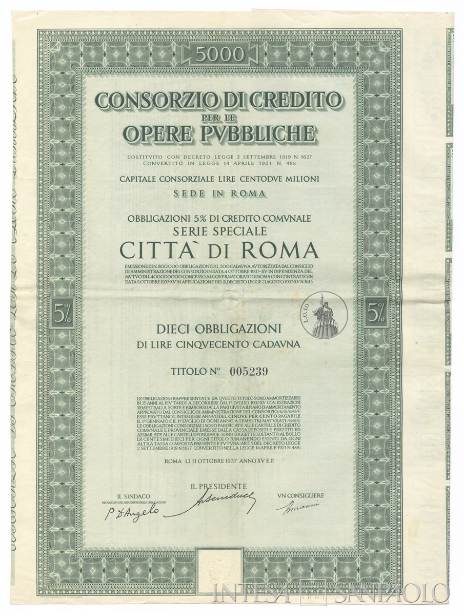 Consorzio di Credito per le Opere Pubbliche, certificato obbligazionario al portatore - recto