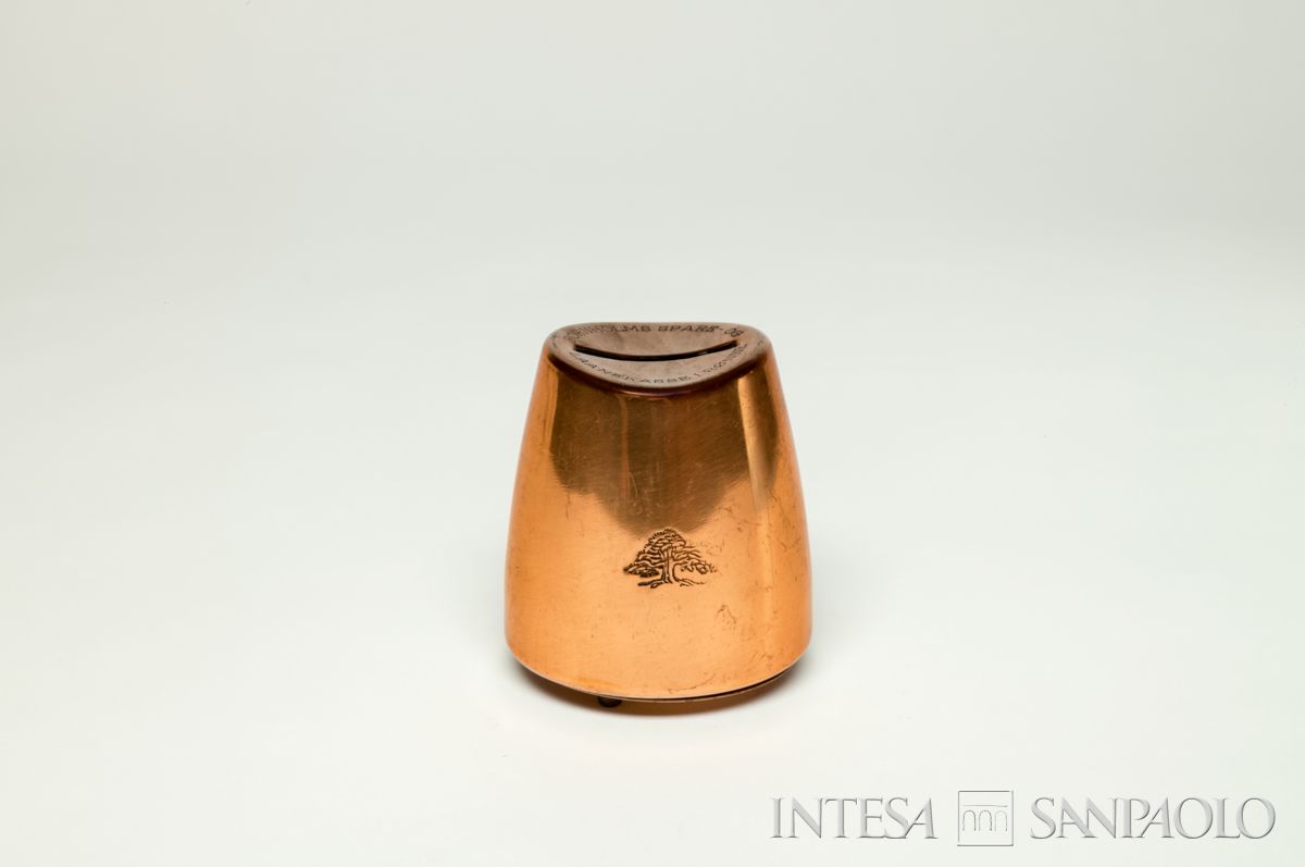 Danimarca, Bornholms Spare- og Laanekasse Rønne, salvadanaio a forma di cilindro, o barattolo, anni 1960