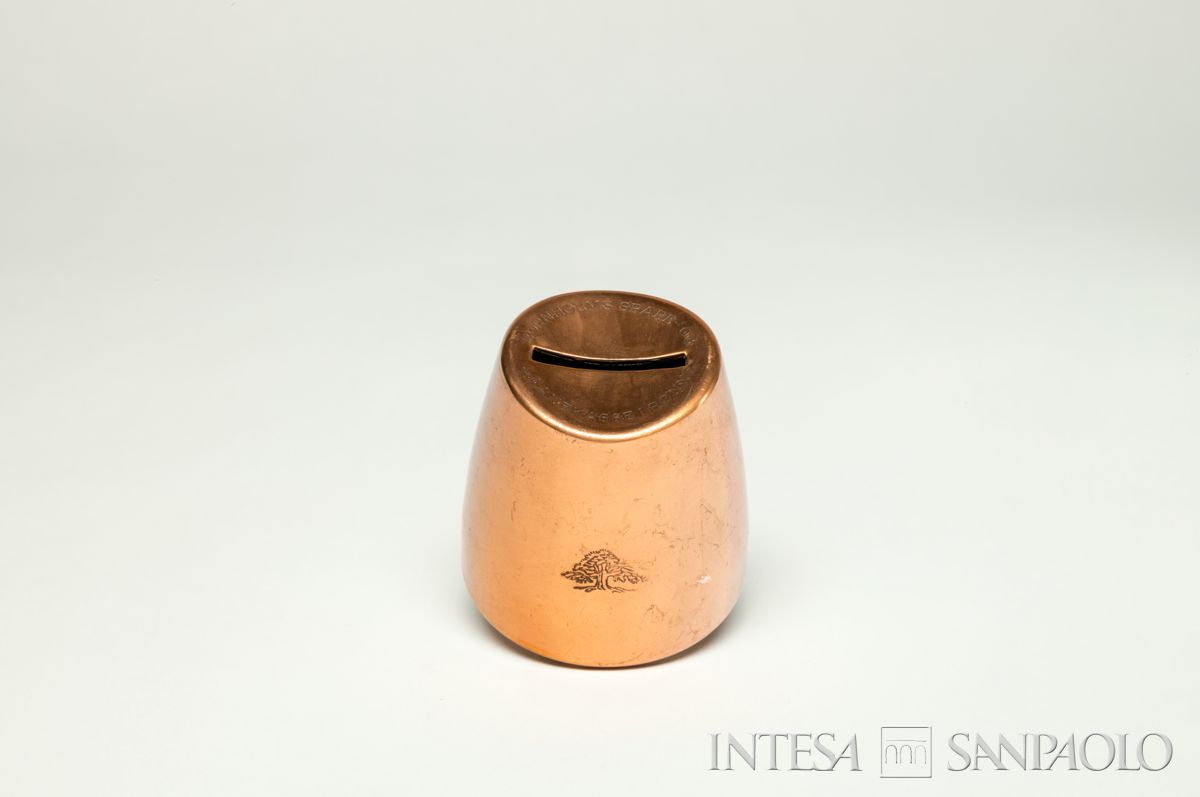 Danimarca, Bornholms Spare- og Laanekasse Rønne, salvadanaio a forma di cilindro, o barattolo, anni 1960