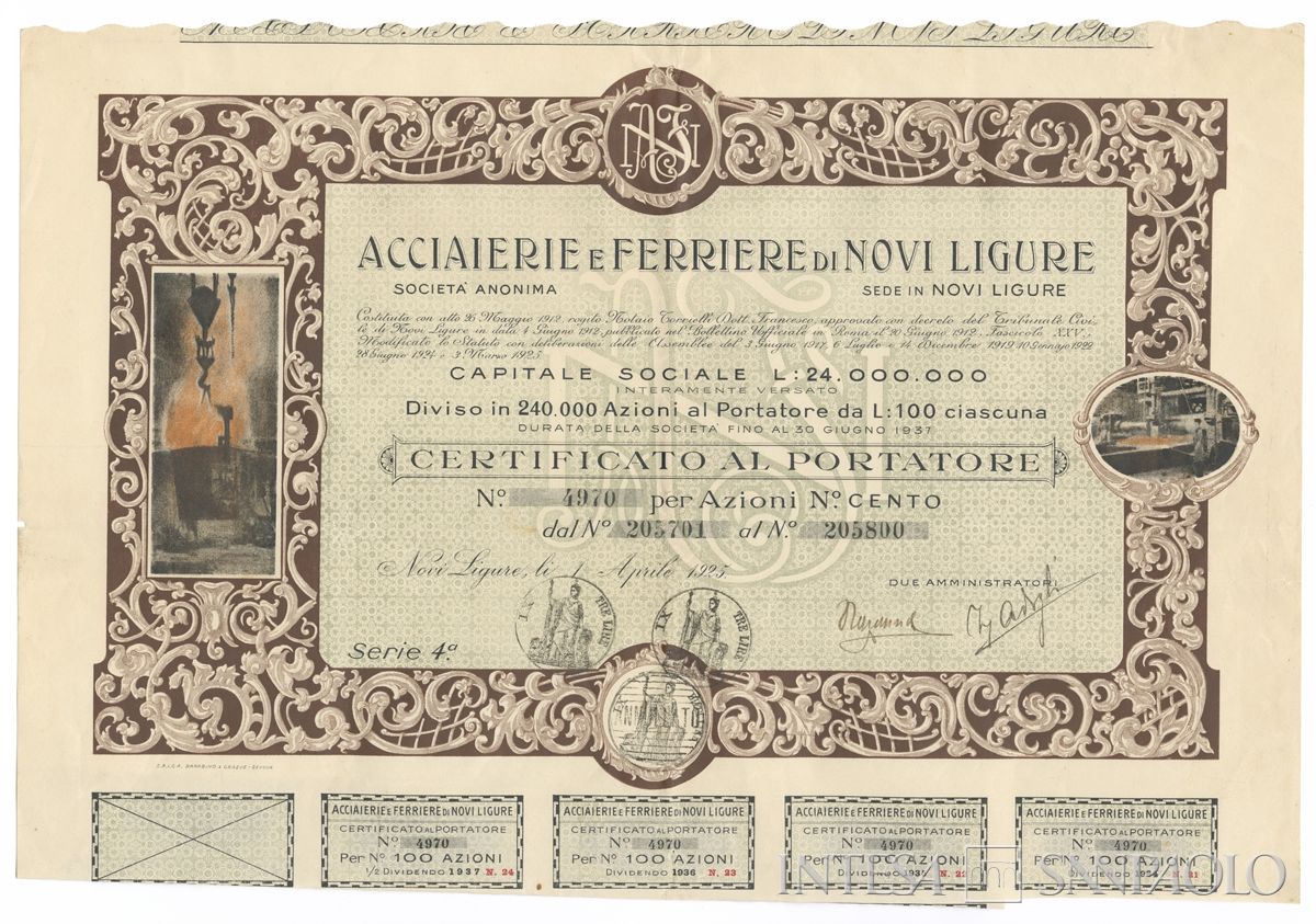 Acciaierie e Ferriere di Novi Ligure SA, certificato azionario al portatore - recto