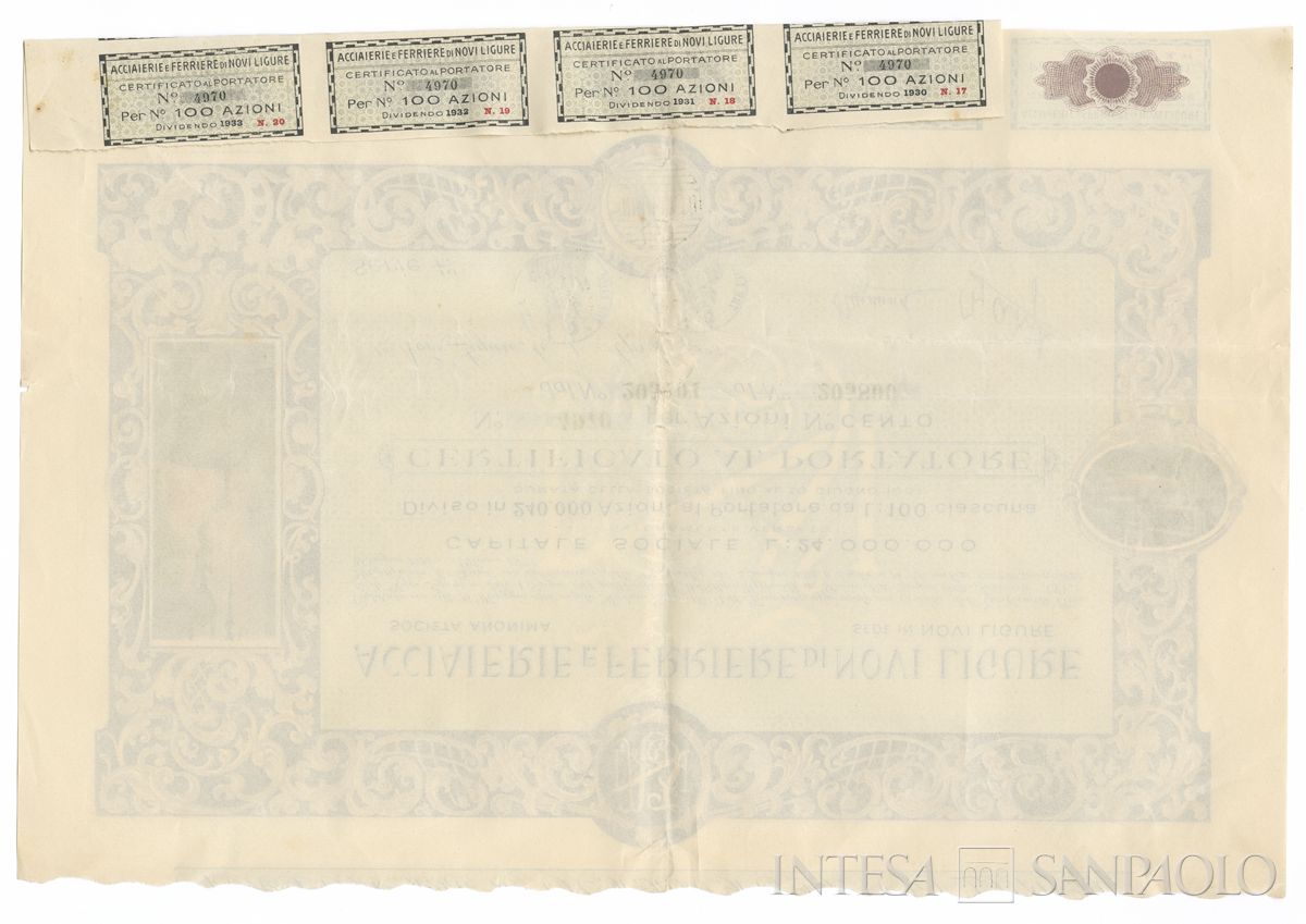 Acciaierie e Ferriere di Novi Ligure SA, certificato azionario al portatore
