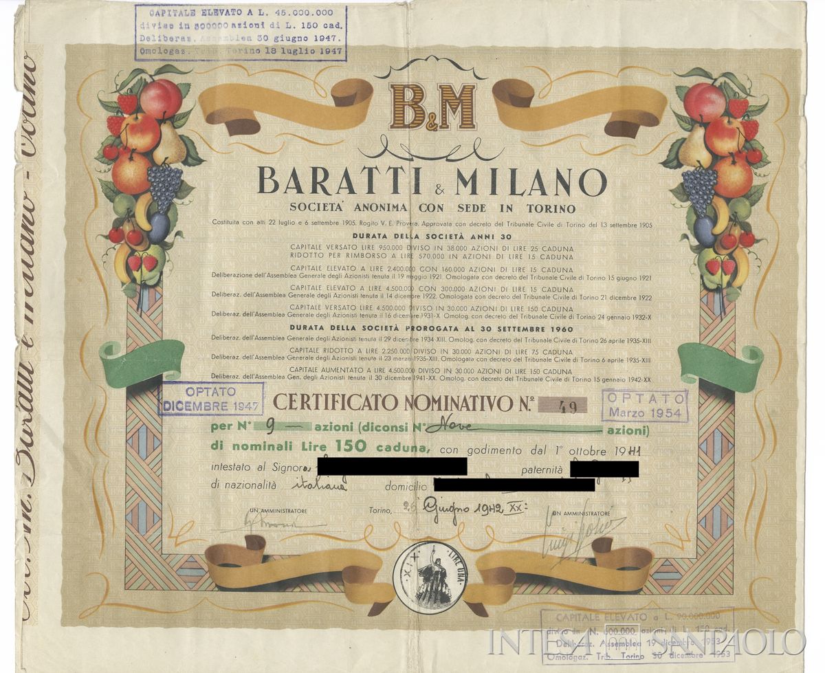 Baratti & Milano, certificato azionario nominativo - recto