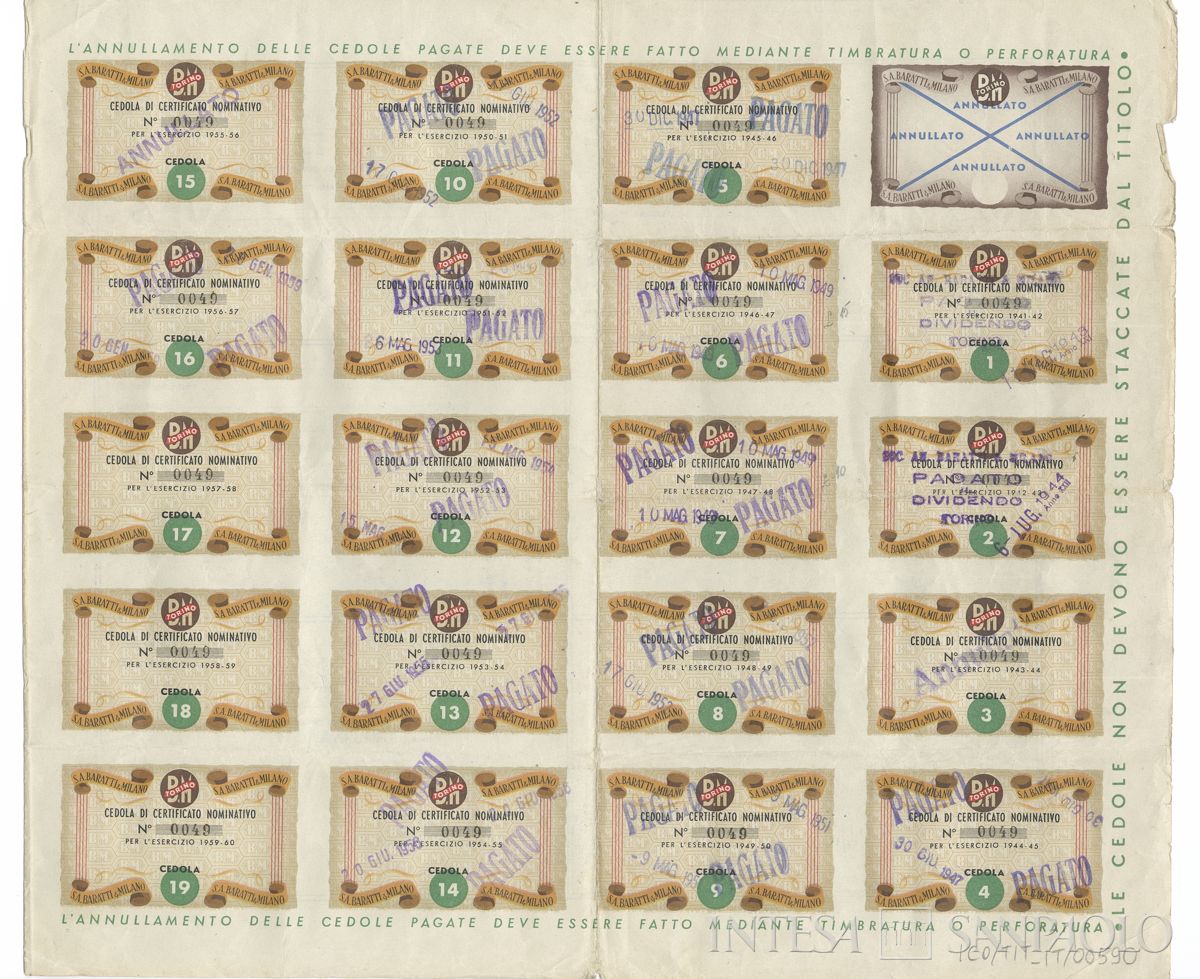 Baratti & Milano, certificato azionario nominativo