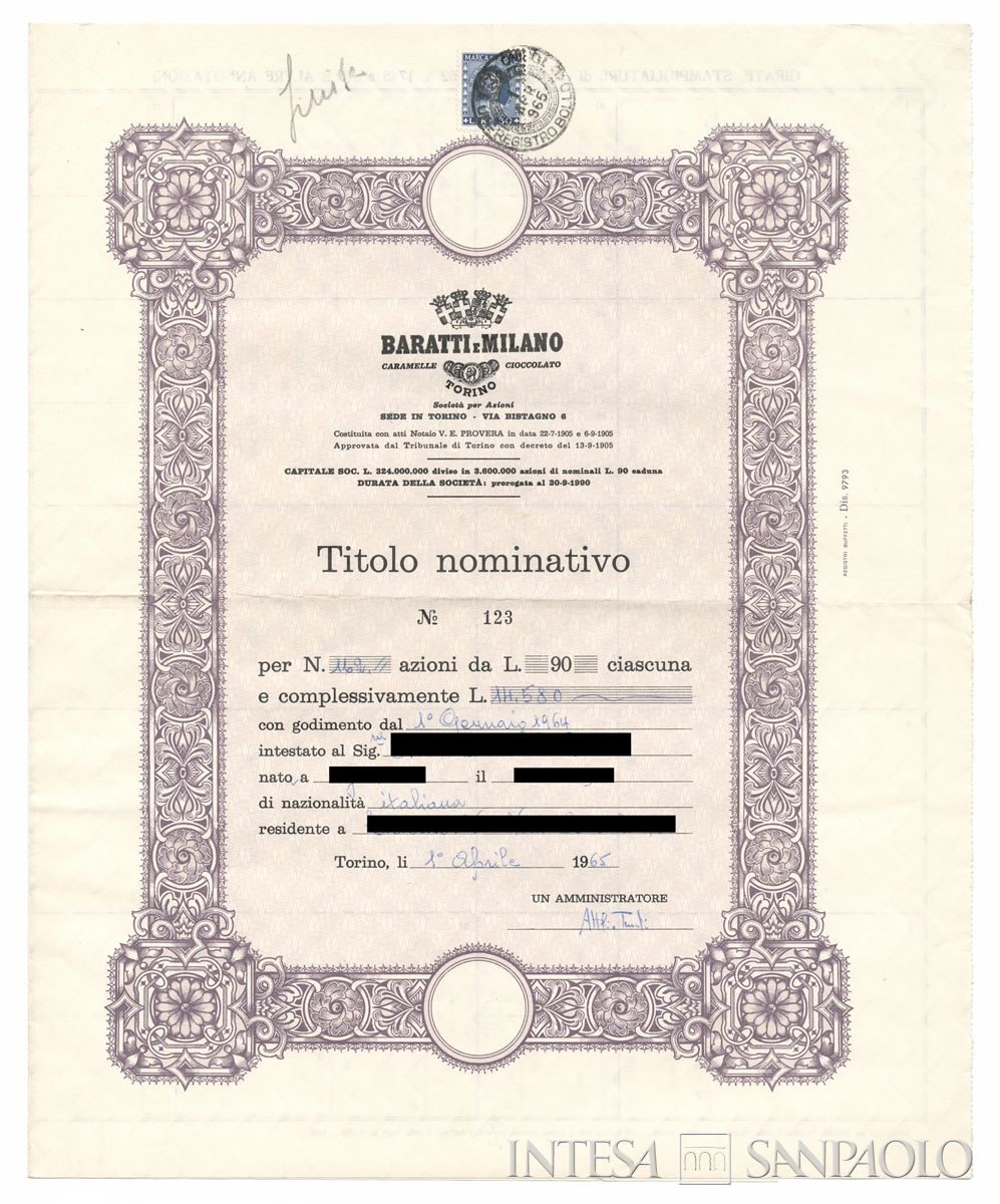 Baratti e Milano, certificato azionario nominativo - recto