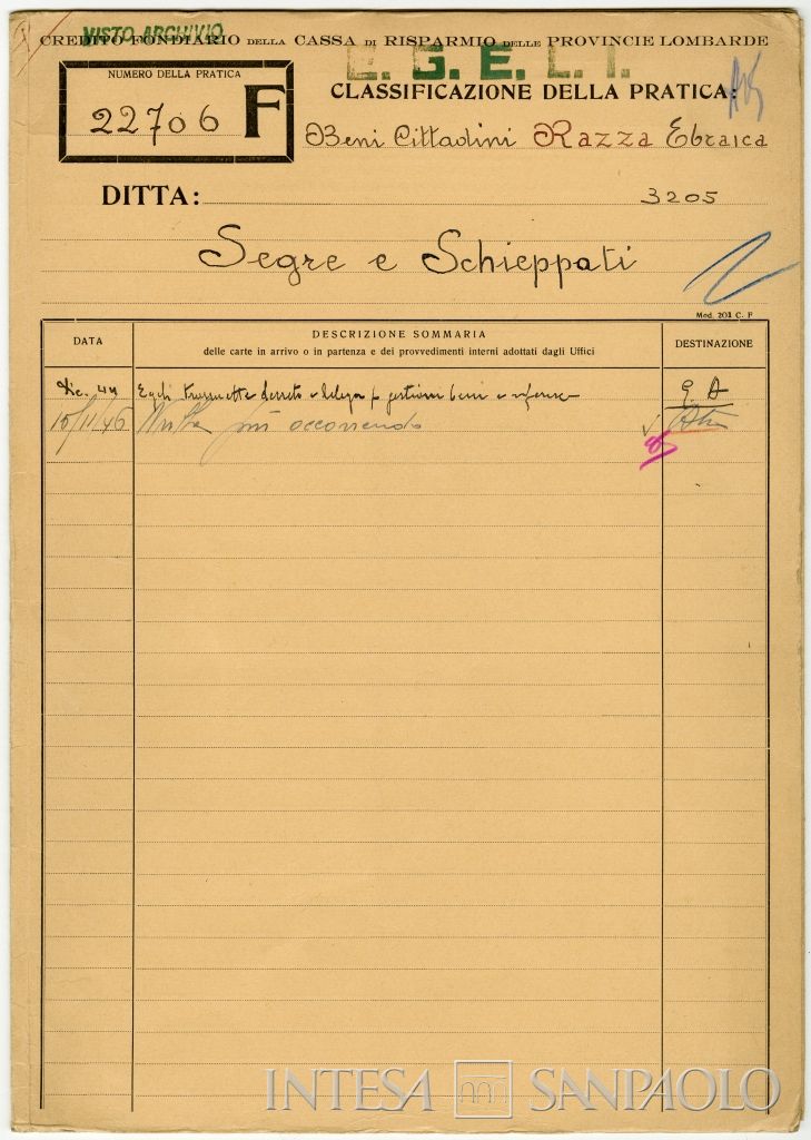 Copertina del fascicolo intestato all'azienda Segre & Schieppati, 1944