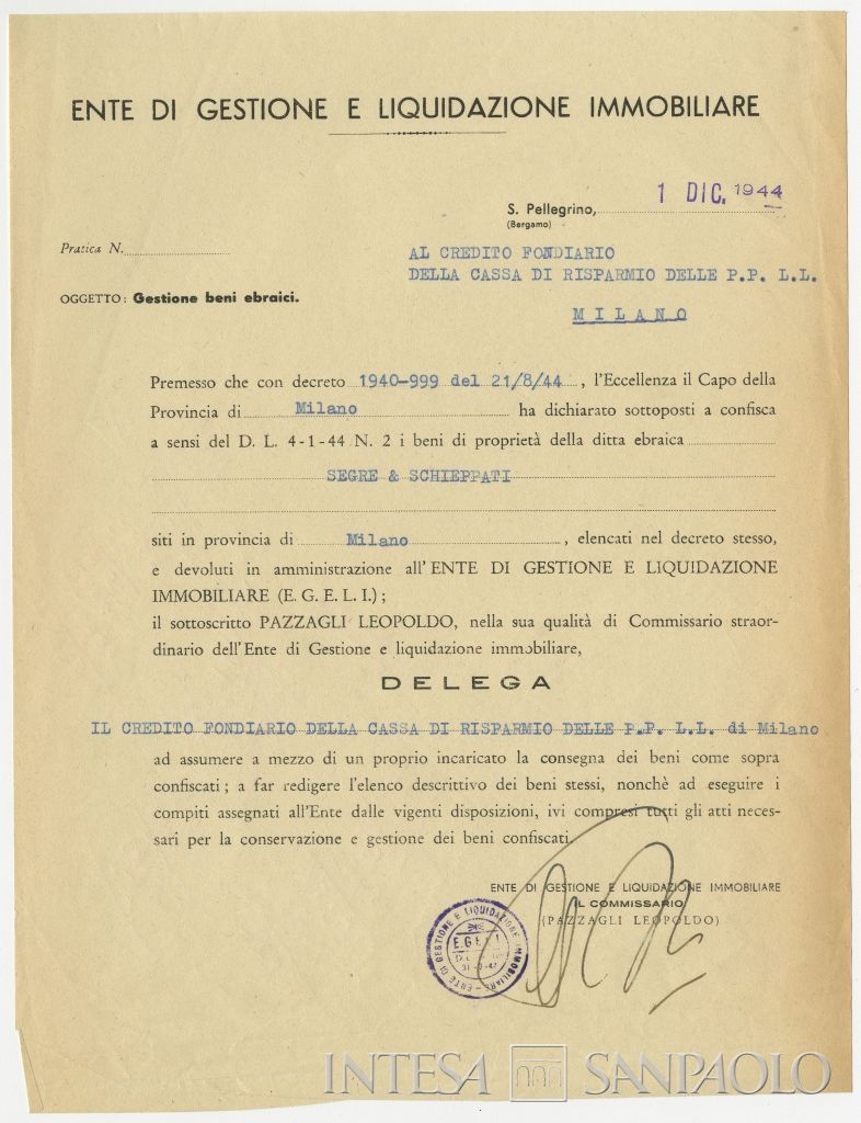Delega di gestione dei beni della Segre & Schieppati dall'EGELI al Credito fondiario della Cariplo, 1 dicembre 1944