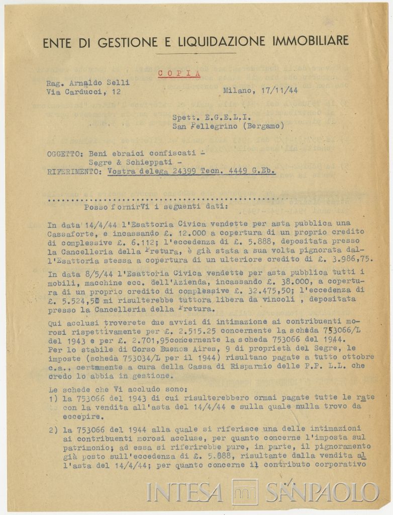 Copia della lettera inviata all'EGELI dal rag. Arnaldo Selli con aggiornamenti sulla situazione dei beni dell'azienda, 17 novembre 1944