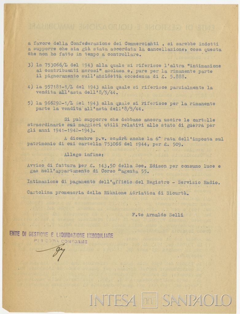 Copia della lettera inviata all'EGELI dal rag. Arnaldo Selli con aggiornamenti sulla situazione dei beni dell'azienda, 17 novembre 1944