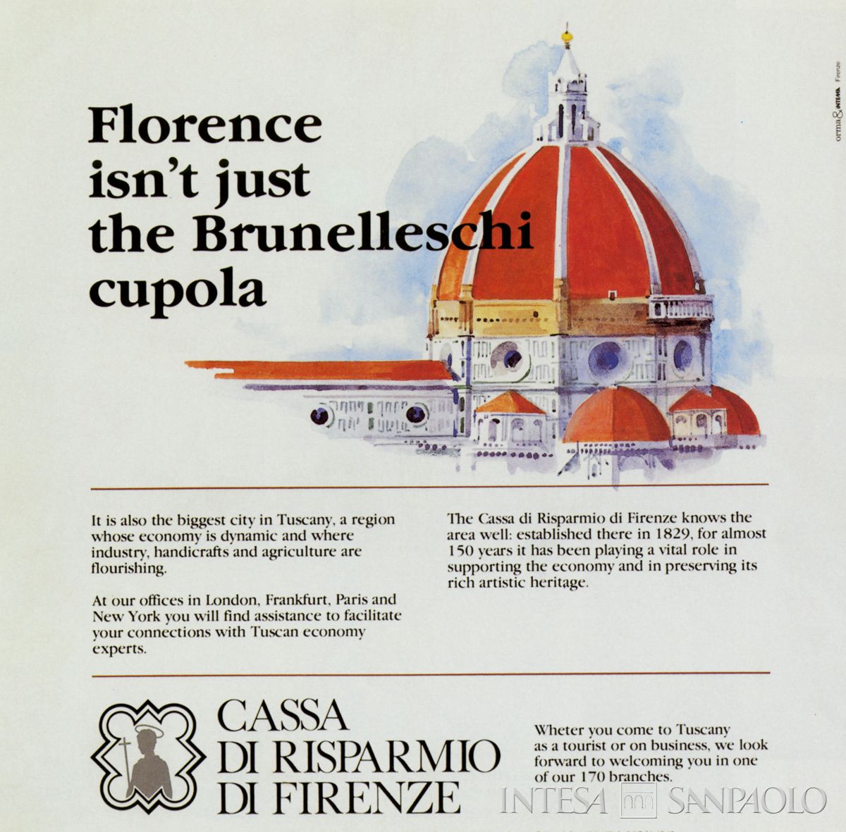Cassa di Risparmio di Firenze, pubblicità istituzionale del 1985 circa, dell'Agenzia Orma & Intema, tratta dalla pubblicazione "Le Opere e i Giorni", 1999