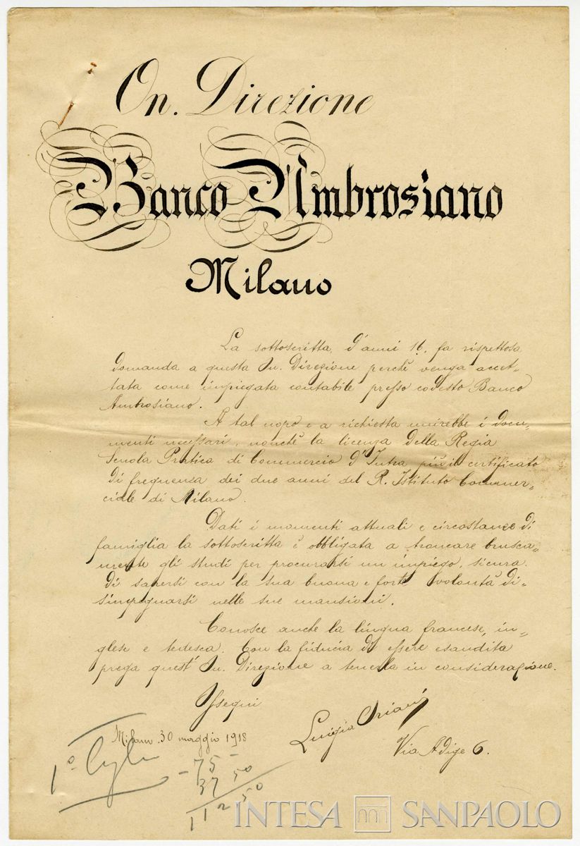 Domanda di impiego di Luigia Oriani al Banco Ambrosiano, 30 maggio 1918