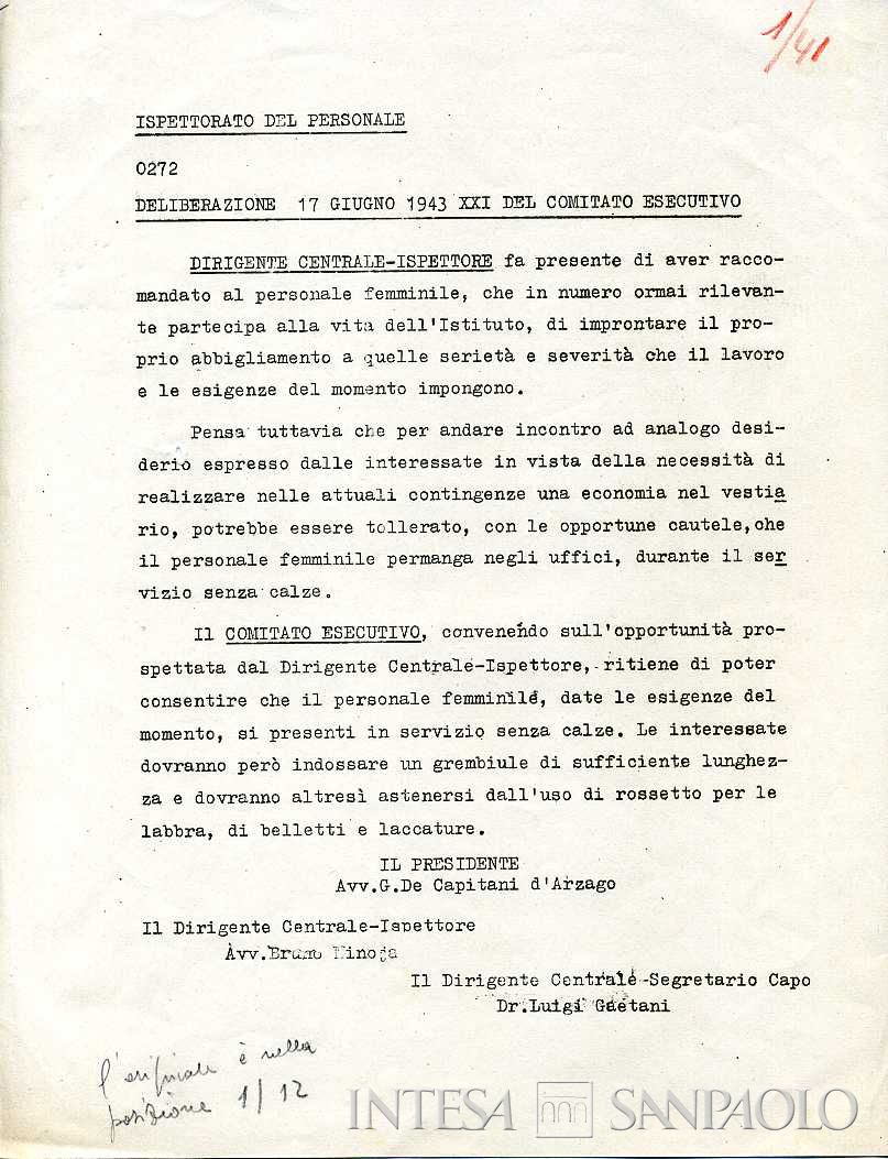 Circolare dell'ispettorato del Personale della Cariplo, che autorizza eccezionalmente il personale femminile a stare in ufficio senza calze, 13 giugno 1943